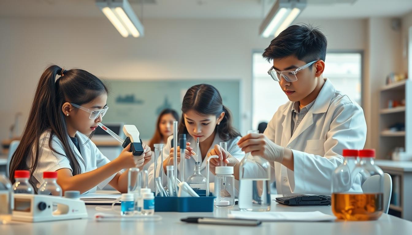 Students studying together in modern classroom
